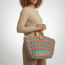 Nissi Woven Bag Camel Coral & Neon Blue